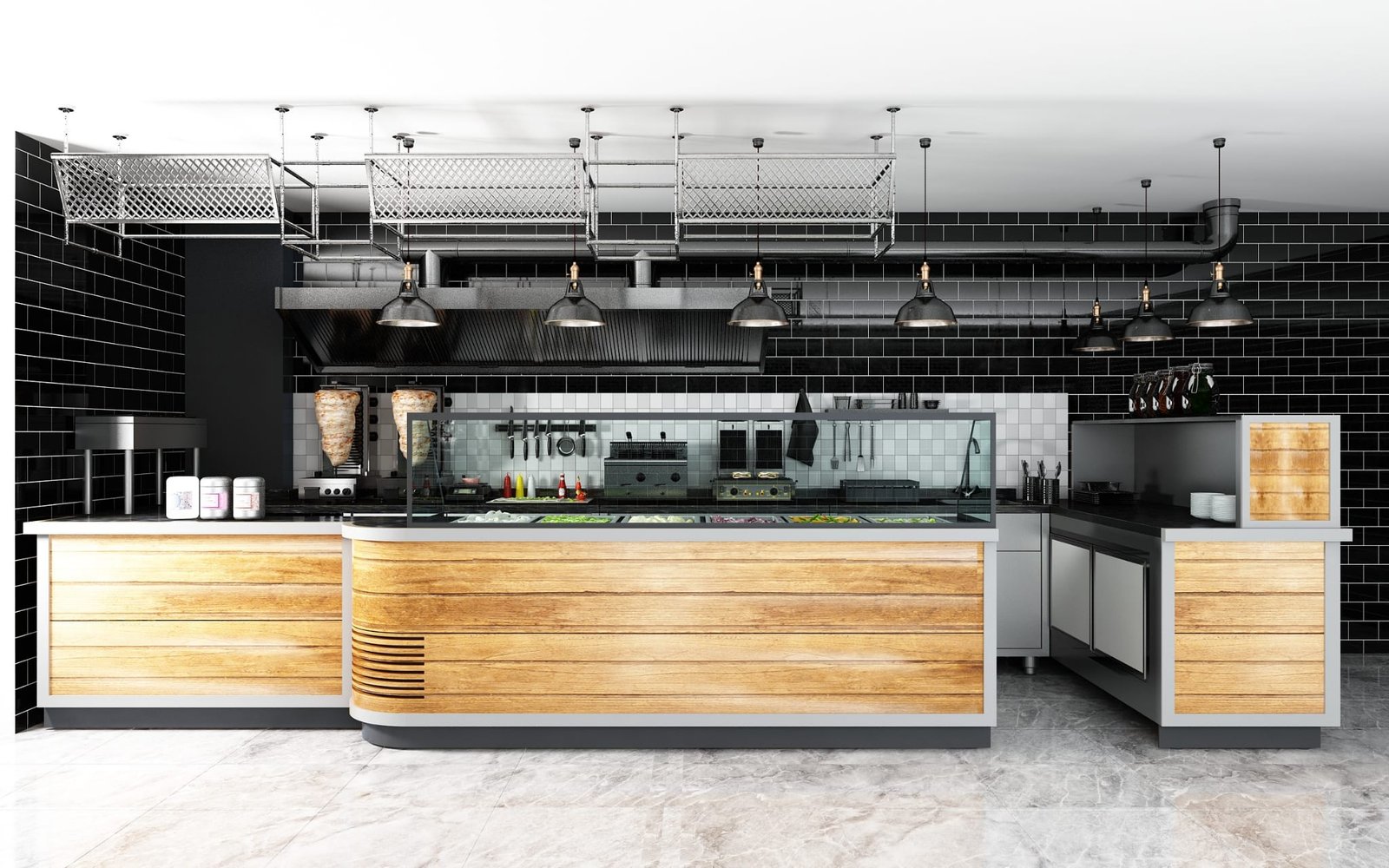 Enfrigo benmari ve salatbar tezgahı, ahşap kaplamalı self servis yemek hattı