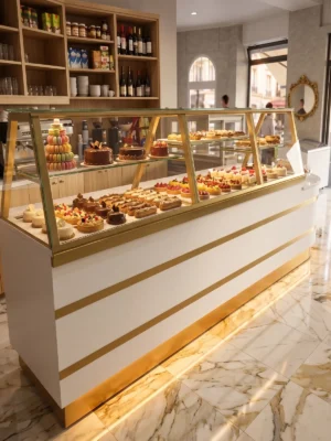 Altın Şeritli Beyaz Gövdeli Pasta Teşhir Reyonu – Enfrigo